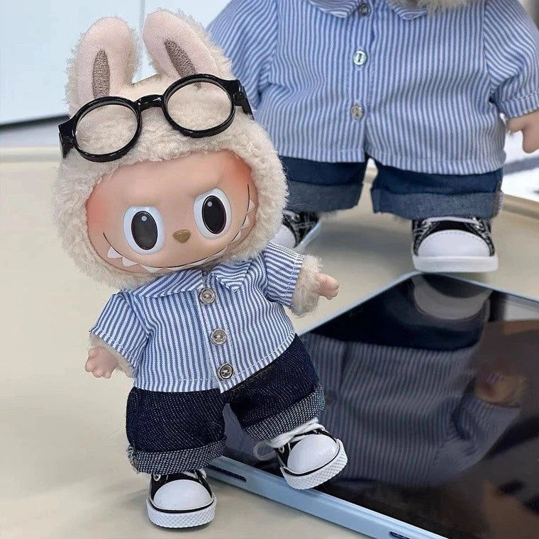Striped shirt curled jeans set clothes For 15/17cm labubu doll outfit Metal frame glasses For labubu doll Accessories