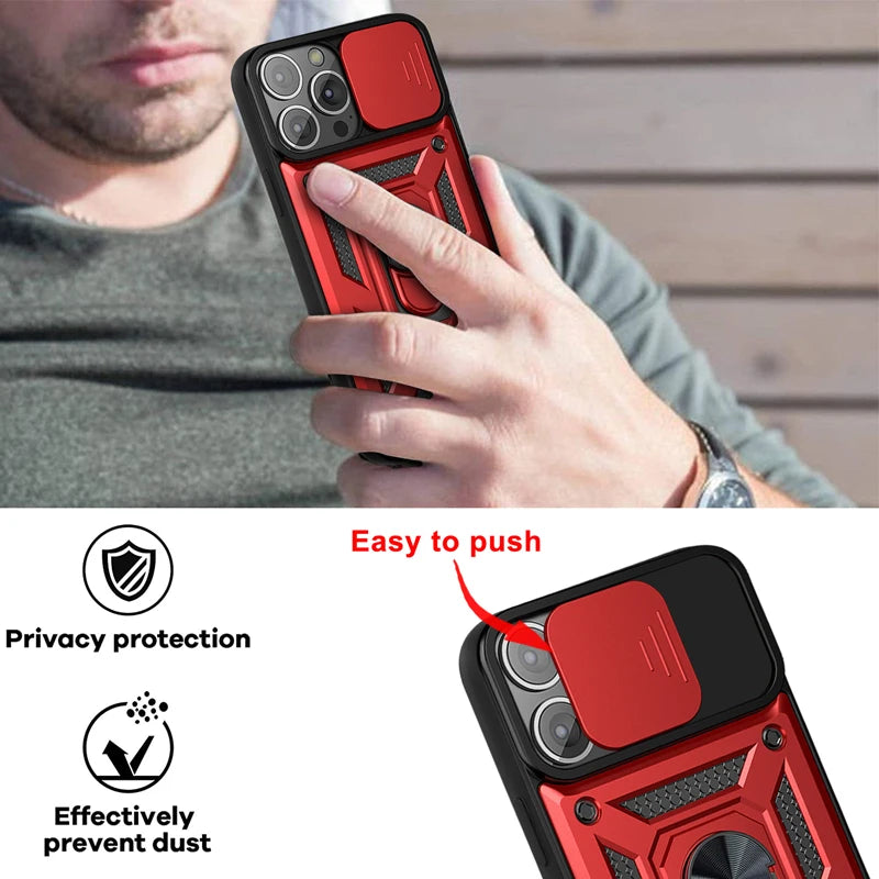 For iPhone 16 17 15 14 13 12 11 Pro Max Mini Plus Air Military Grade Bumpers Ring Cover Slide Camera Lens Protector Armor Case