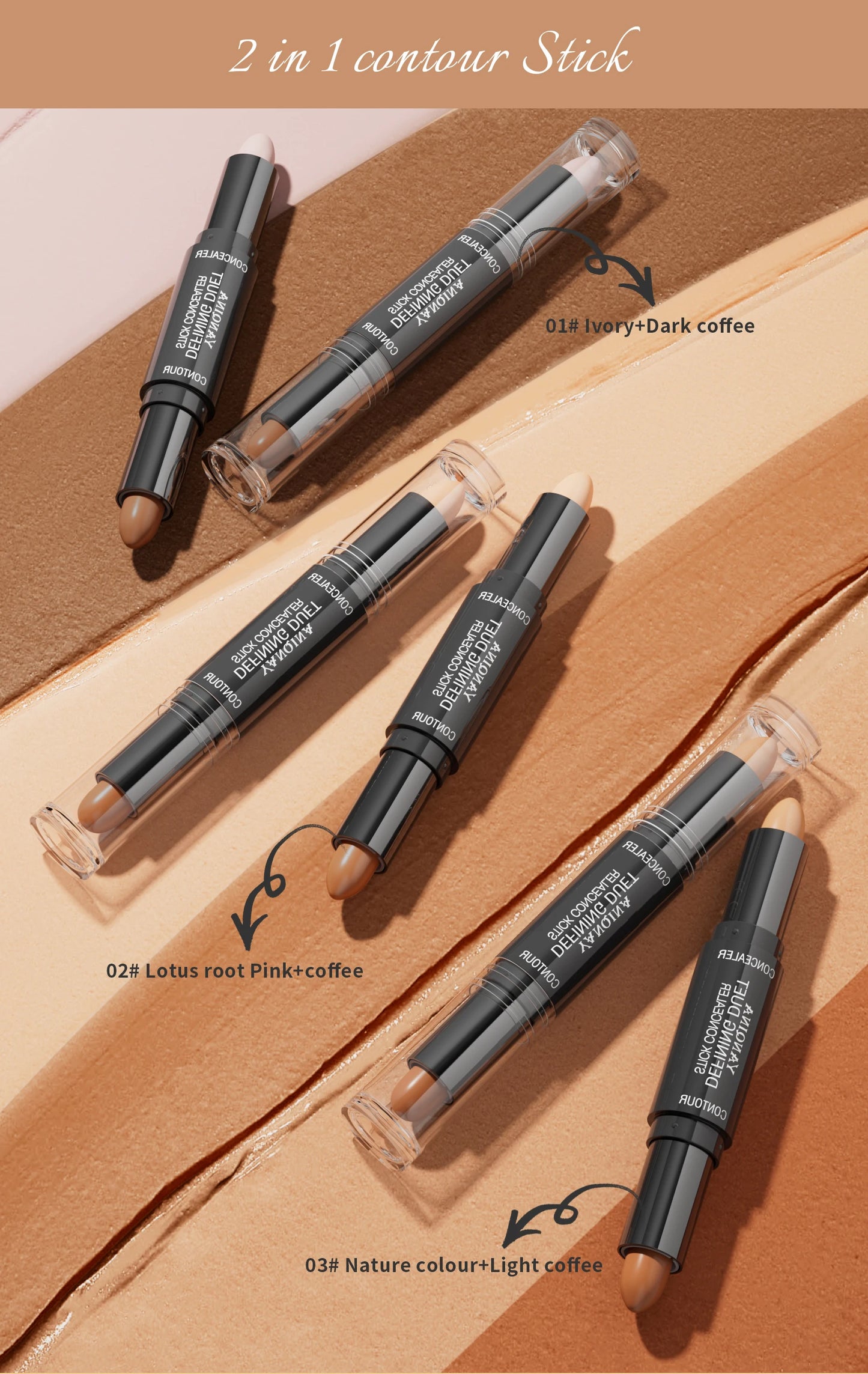 Contour Stick Duo, Double-Ended Highlight and Shadow Cream, Waterproof Full Coverage Concealer, Natural Finish Makeup for All Sk
