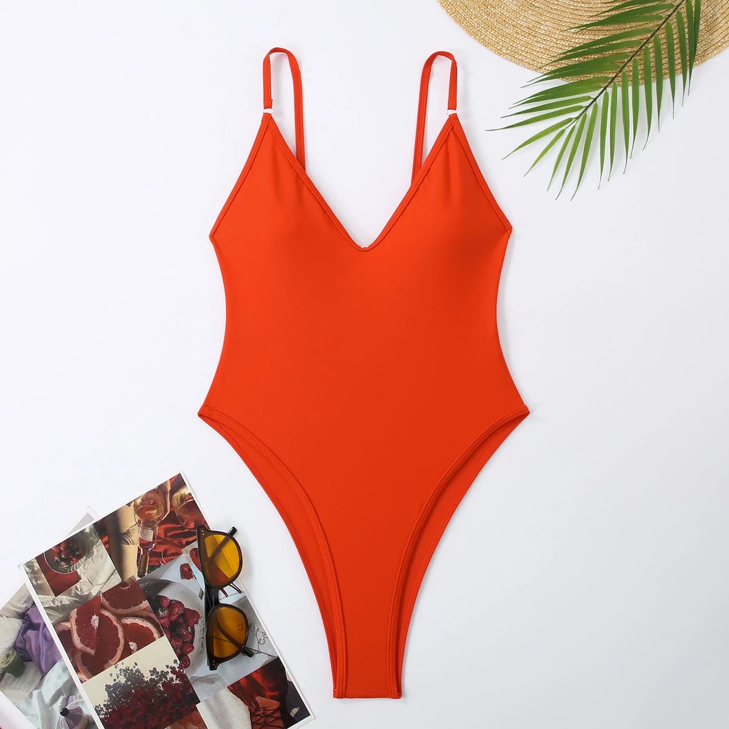 One Piece Swimsuit Deep V Neck Bodysuit Monokini Solid Color Suspender Bikini Women'S Swimsuit Bathing Beach Outfits Swim Wear
