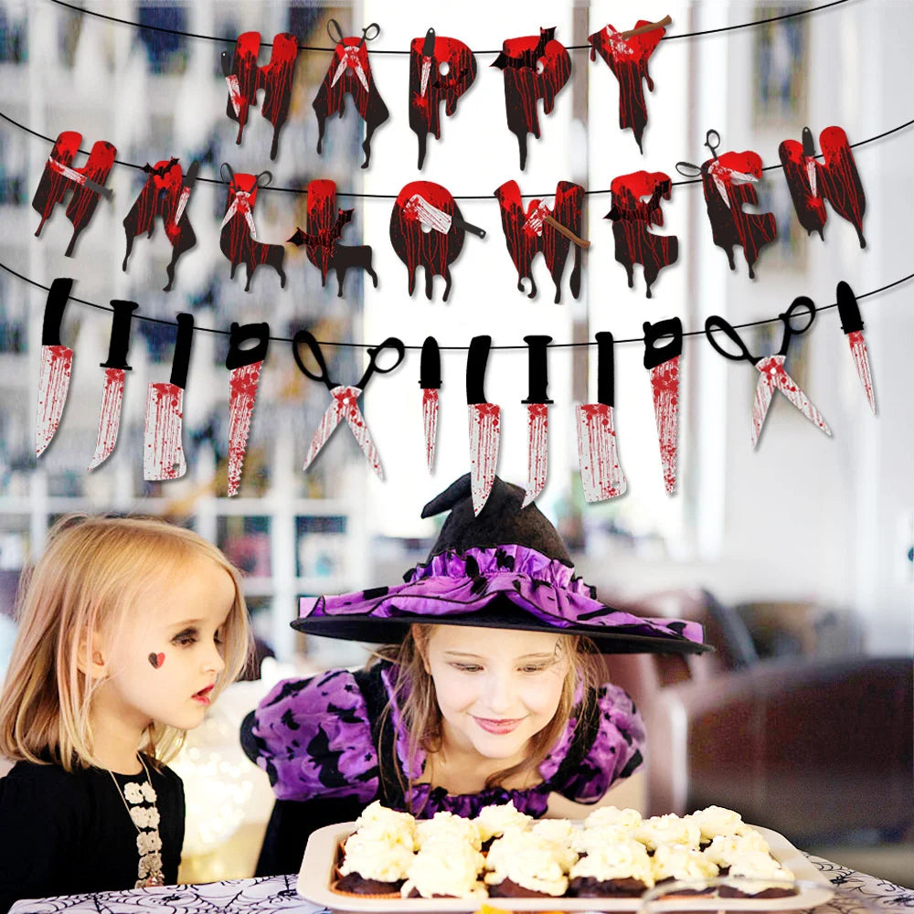 Halloween Terror Banner Blood Hand Foot Knife Skeleton Horror Flag Pulling Ghost Festival Decor Happy Halloween Party Decor