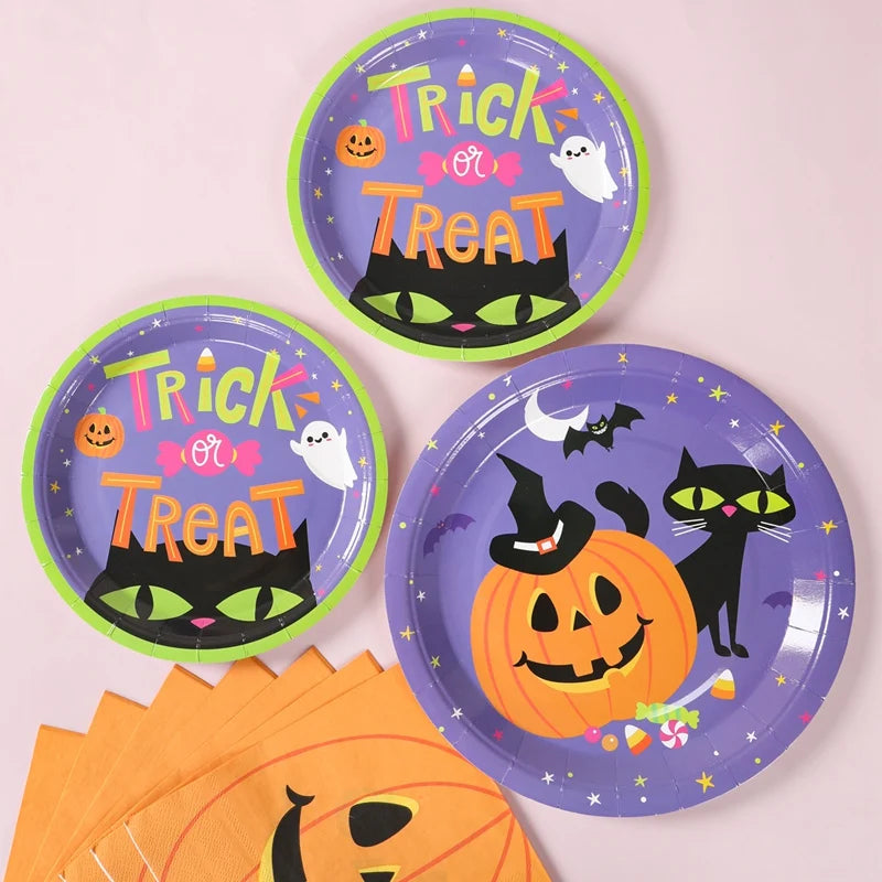 Halloween Pumpkin Black Cat Disposable Tableware Set Halloween Party Decor Kids Favors Trick or Treat Paper Plates Cup Napkins