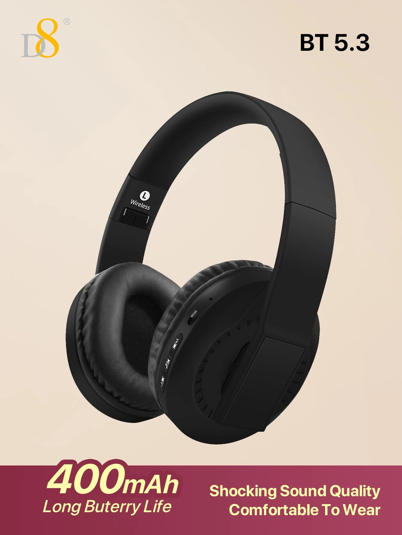 D8 Over Ear Headphones, Wireless and Wired Headset Built-in Microphone, Micro SD Card Slot - (Stealth) 40H Playtime