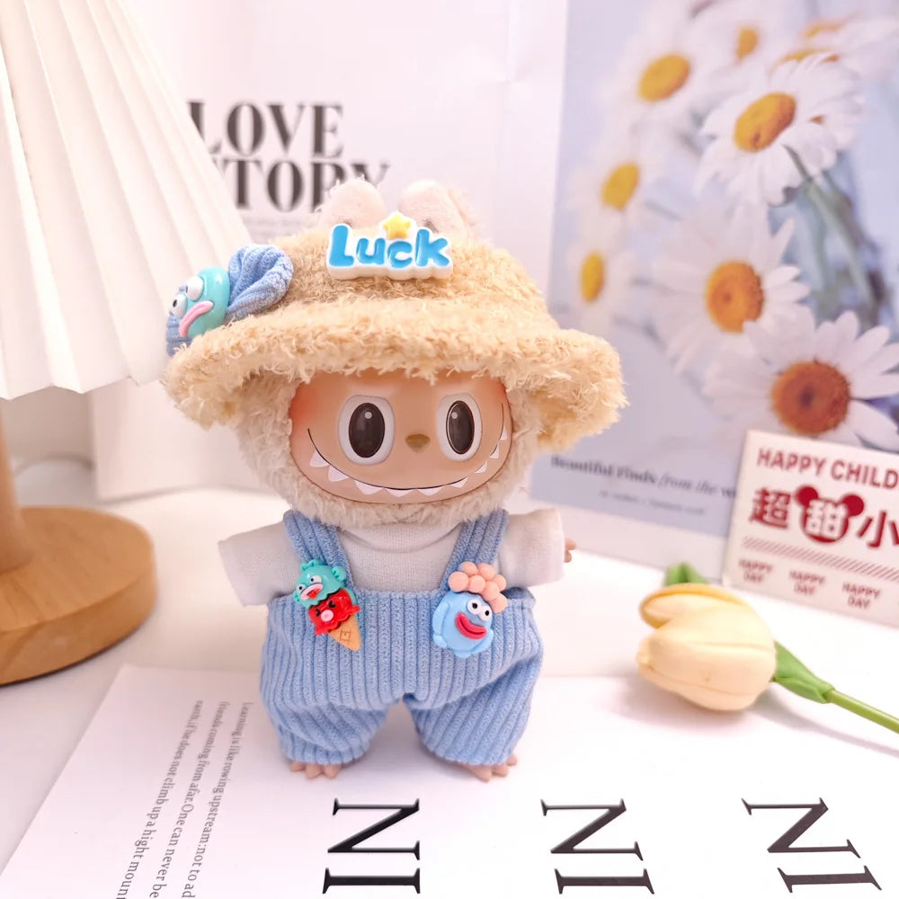 For 15cm cute mini labubu clothes Kawaii Cartoon Bib Pants With matching shoes Labubu Accessories