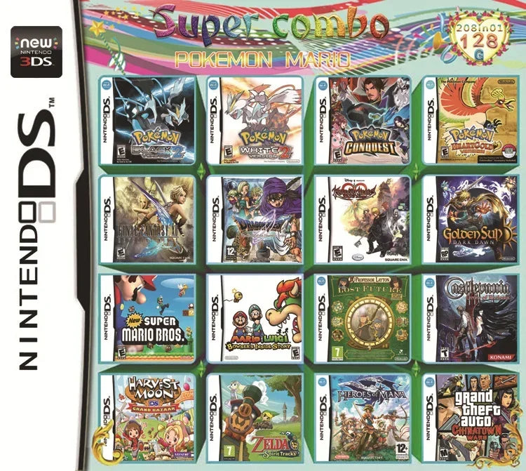 Game Combo Card voor 3DS/NDS โ 208 in 1, 510 in 1, 482 in 1, 23 in 1 Classic