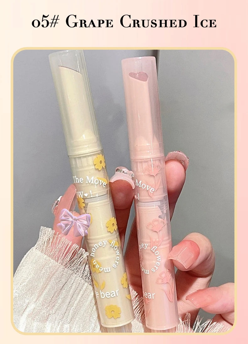 Gege Bear Floral Whisper Moisturizing Mirror Shine Lipstick — Glossy Jelly Finish, Heart-Shaped Bullet, Hydrating Lip Balm