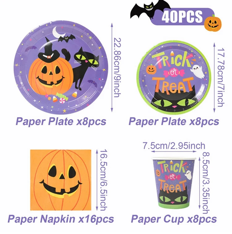 Halloween Pumpkin Black Cat Disposable Tableware Set Halloween Party Decor Kids Favors Trick or Treat Paper Plates Cup Napkins
