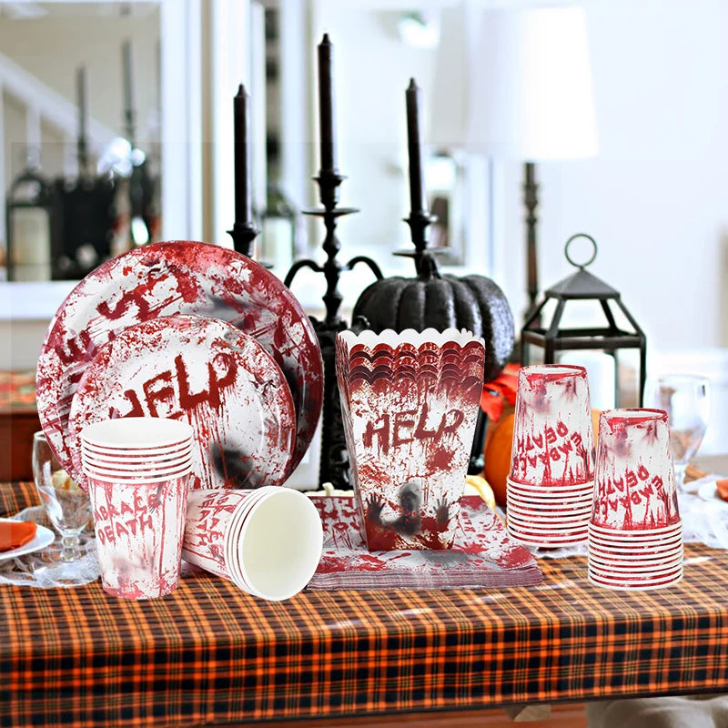 Halloween Party Disposable Tableware Scary Bloody Handprint Paper Plates Cups Popcorn Box For Halloween Horror Party Decor Props