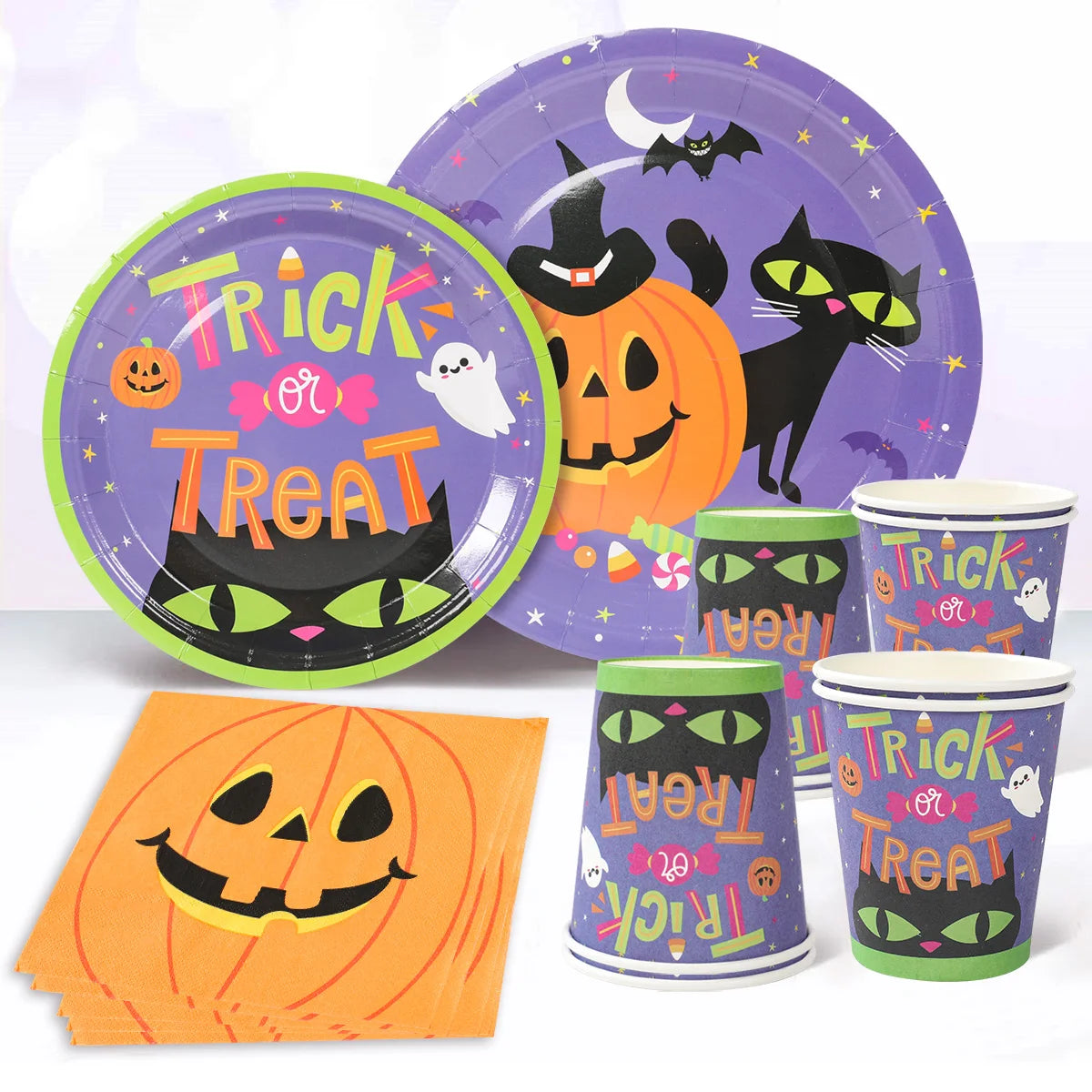 Halloween Pumpkin Black Cat Disposable Tableware Set Halloween Party Decor Kids Favors Trick or Treat Paper Plates Cup Napkins