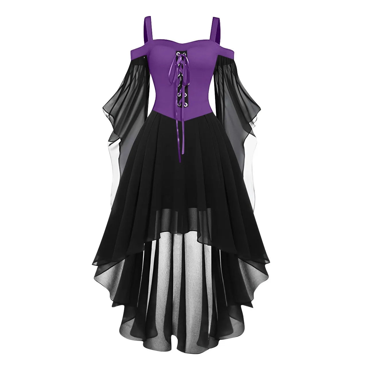 Halloween Witch Cosplay Costumes Women Casual Plus Size Cold Shoulder Dress Solid Color Chiffon Butterfly Sleeve Gothic Dress