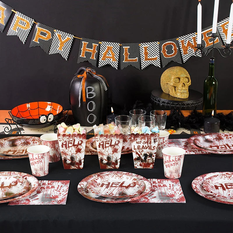Halloween Party Disposable Tableware Scary Bloody Handprint Paper Plates Cups Popcorn Box For Halloween Horror Party Decor Props