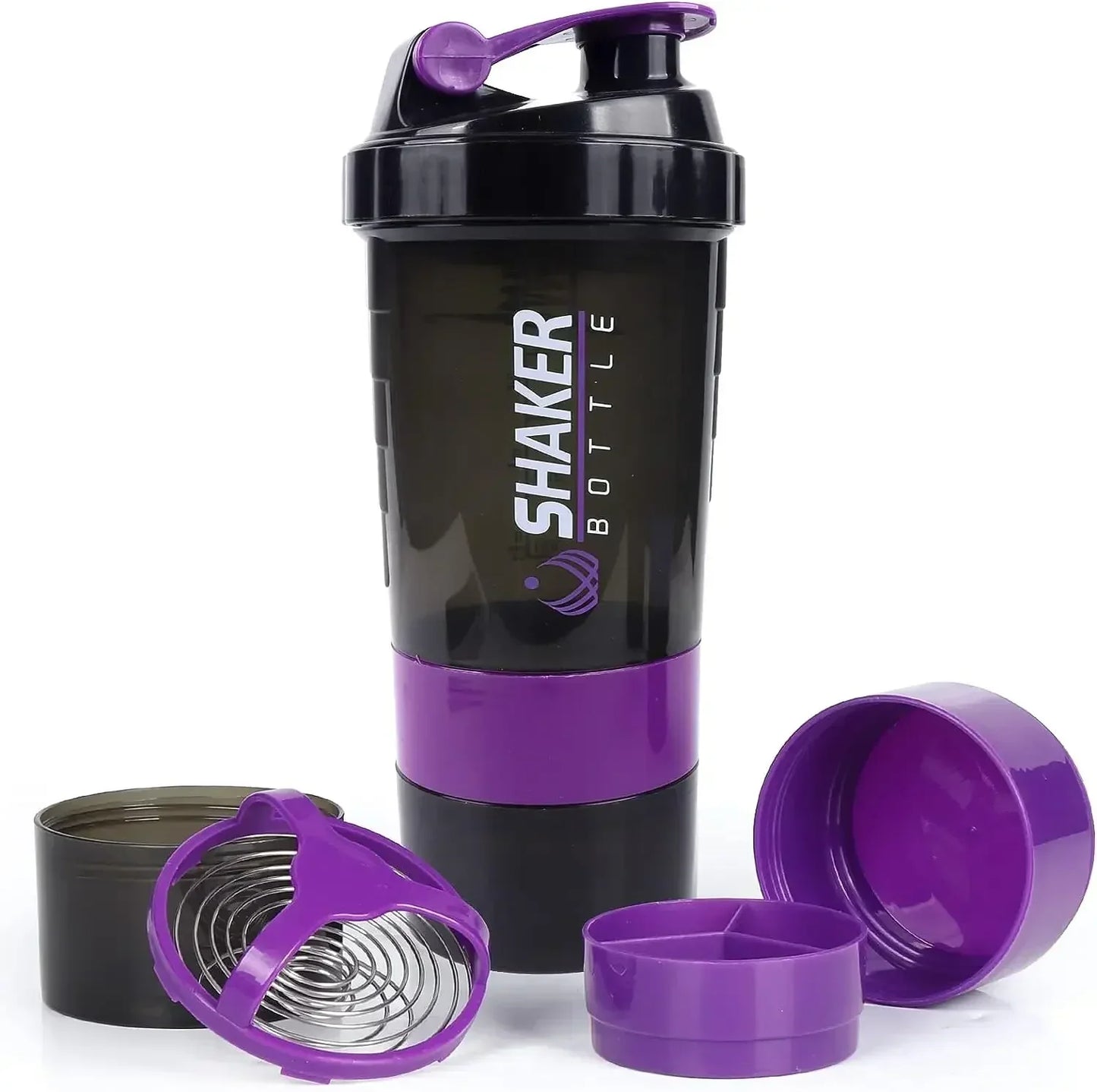 500ml Layered Protein Bottle Powder Shaker with Powder Storage Container Large Water Bottle Water Bottle with Wire Stirring Ball