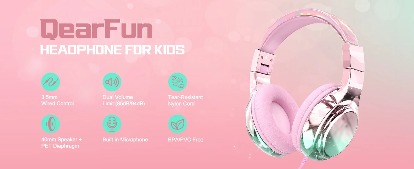 Wired Kids Headphones for School 85/94dB Volume limited Over Ear Headphones for Kids Girls Foldable Gaming Headset with Mic