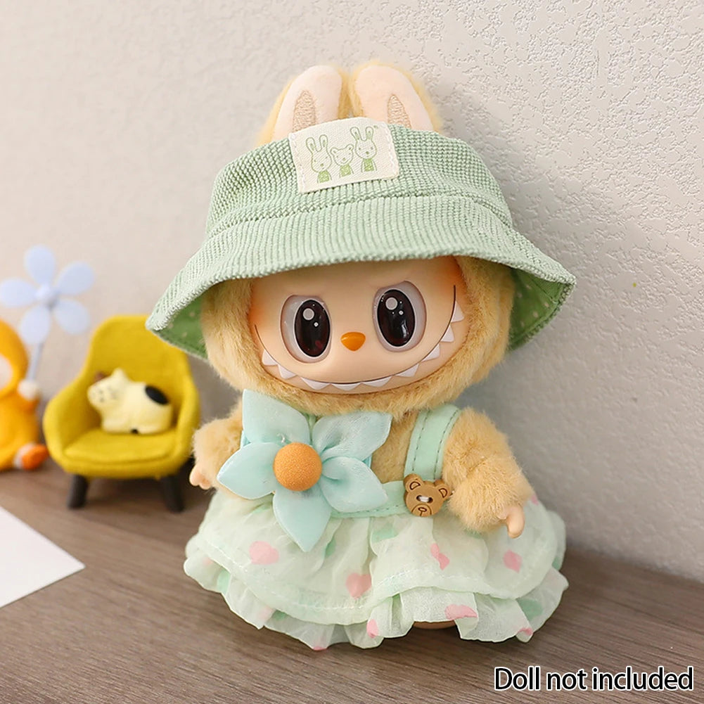 For 17cm Labubu Doll Outfit Wrinkled Skirt Flower Hairpin Set Fisherman Hat Labubu Clothes Ropa Labubu