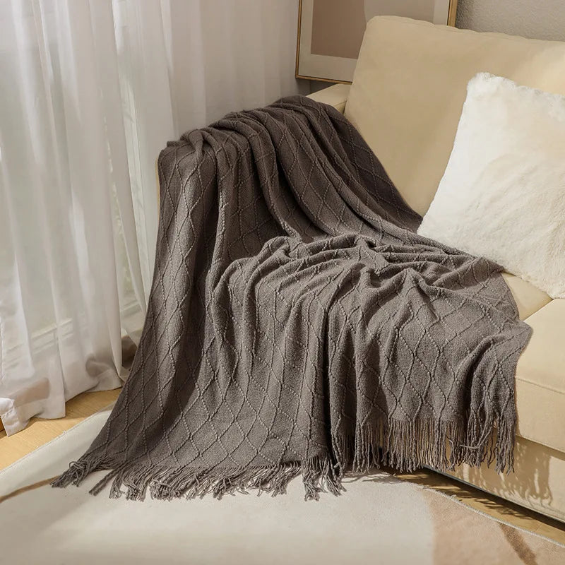 Khaki Gift Knitted Blanket with Tassels Chunky Vintage Luxury Farmhouse Throw Bedspread Oversized Blanket Cover Manta Para Sofá