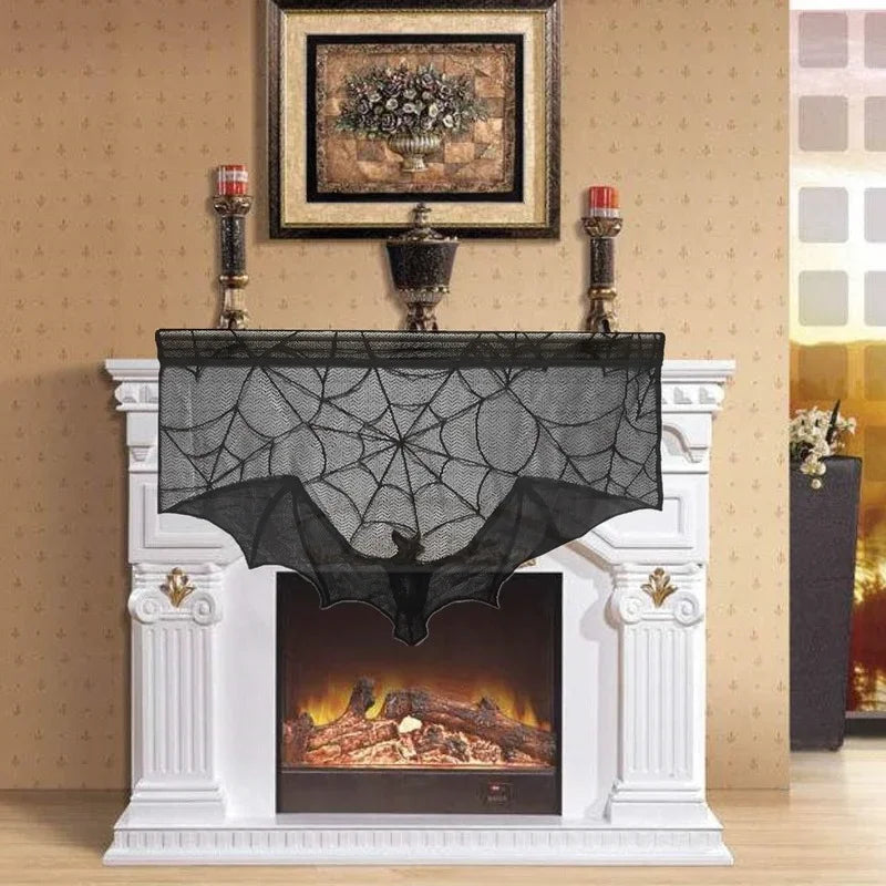 Halloween Decoration Bats Tablecloth Black Lace Spider Web Curtains for Lampshade Fireplace Halloween Party Decor Horror Props