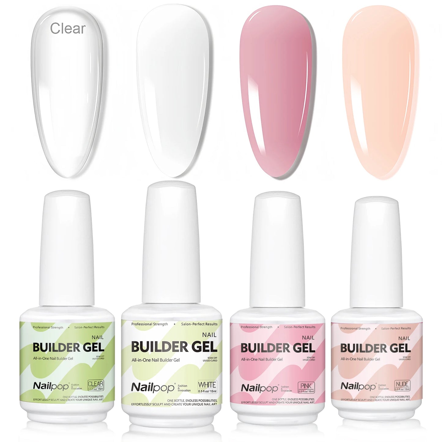 Nailpop 15ml Builder Gel Nail Polish for Nail Apex & Extension Strengthener Upgraded Soak Off UV Gel Rhinestone Glue 4 Colors