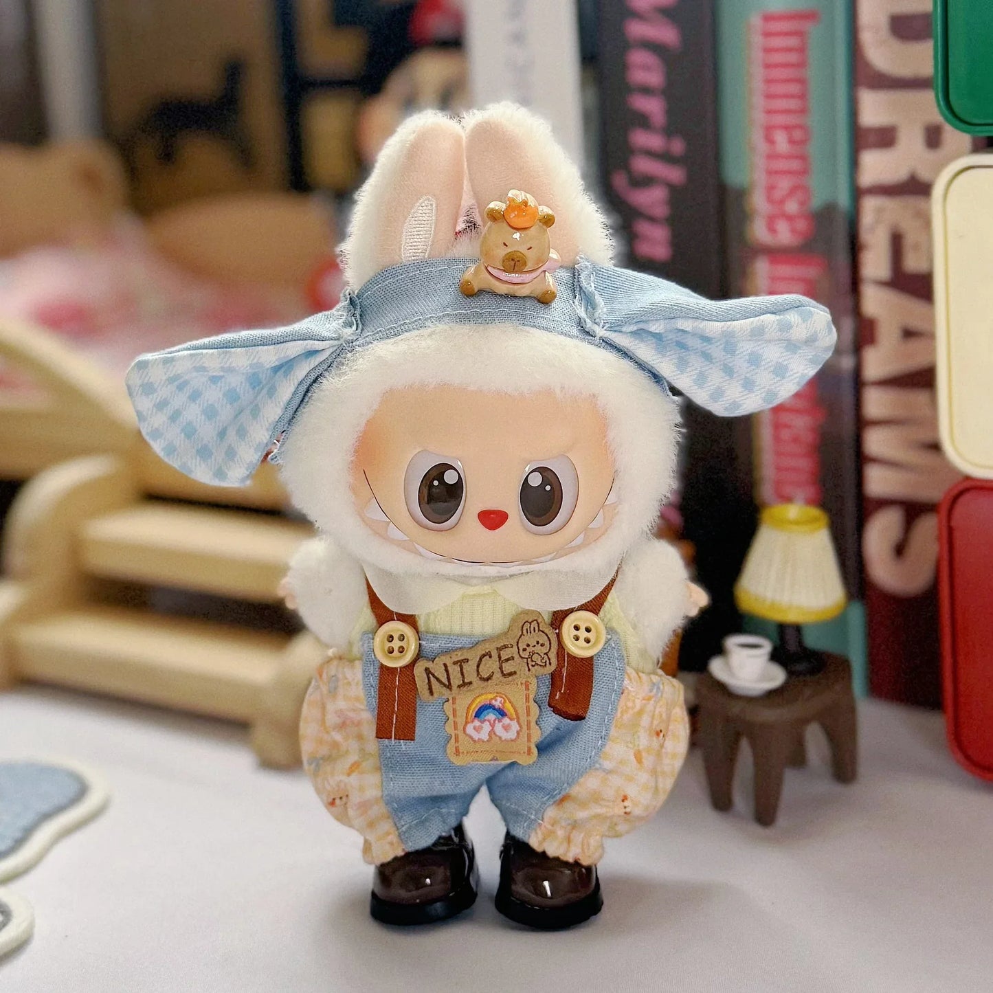 Doll Clothes For LABUBU Frog Set Jumpsuit Kawaii Fisherman Hat 2PCS/Pack Plush Cotton Doll Dress Up Game Decoration