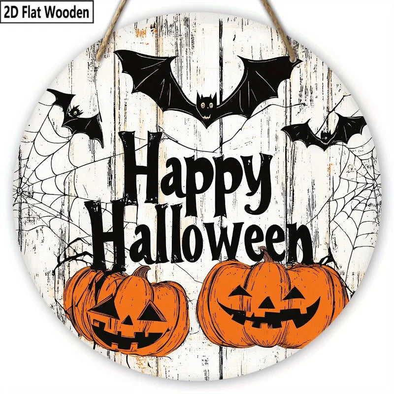 Happy Halloween Wooden Welcome Sign - 2D Flat Ghost Bat & Pumpkin Decor for Porch/Garden, No Battery Indoor/Outdoor Hanging