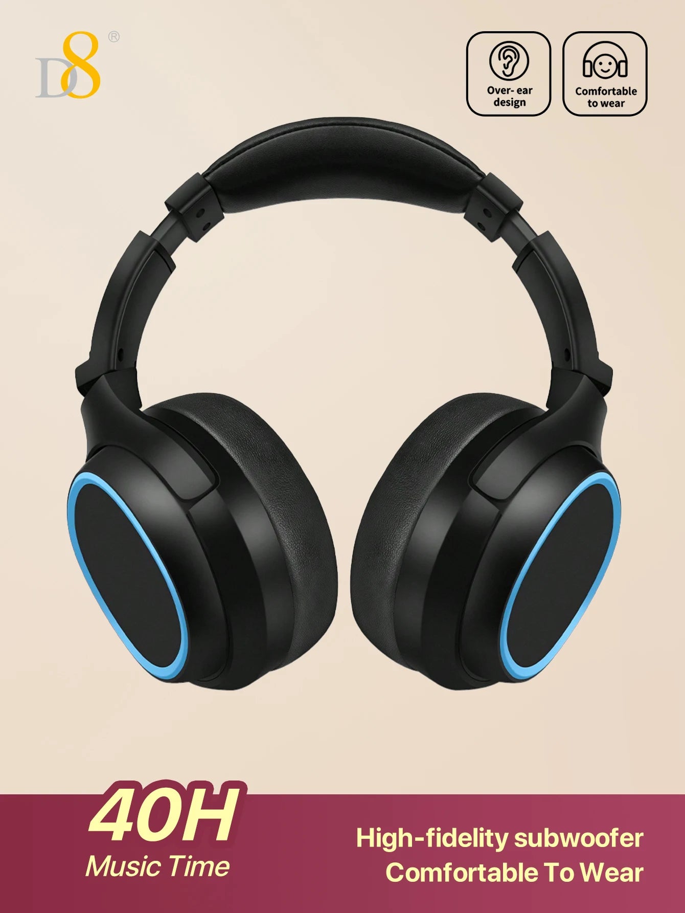 D8 Over Ear Headphones, Wireless and Wired Headset Built-in Microphone, Micro SD Card Slot - (Stealth) 40H Playtime