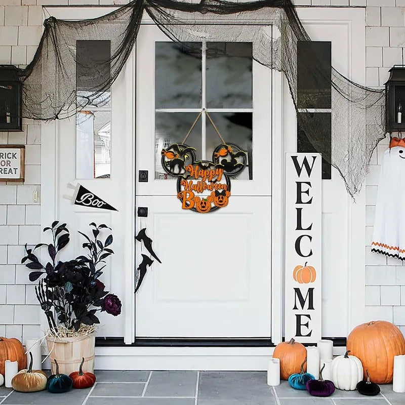 Happy Halloween Mouse Door Sign - Hollow-Out Wooden Decor with Black Cat, Mouse Bat & Pumpkin BOO for Porch or Wall Hanging