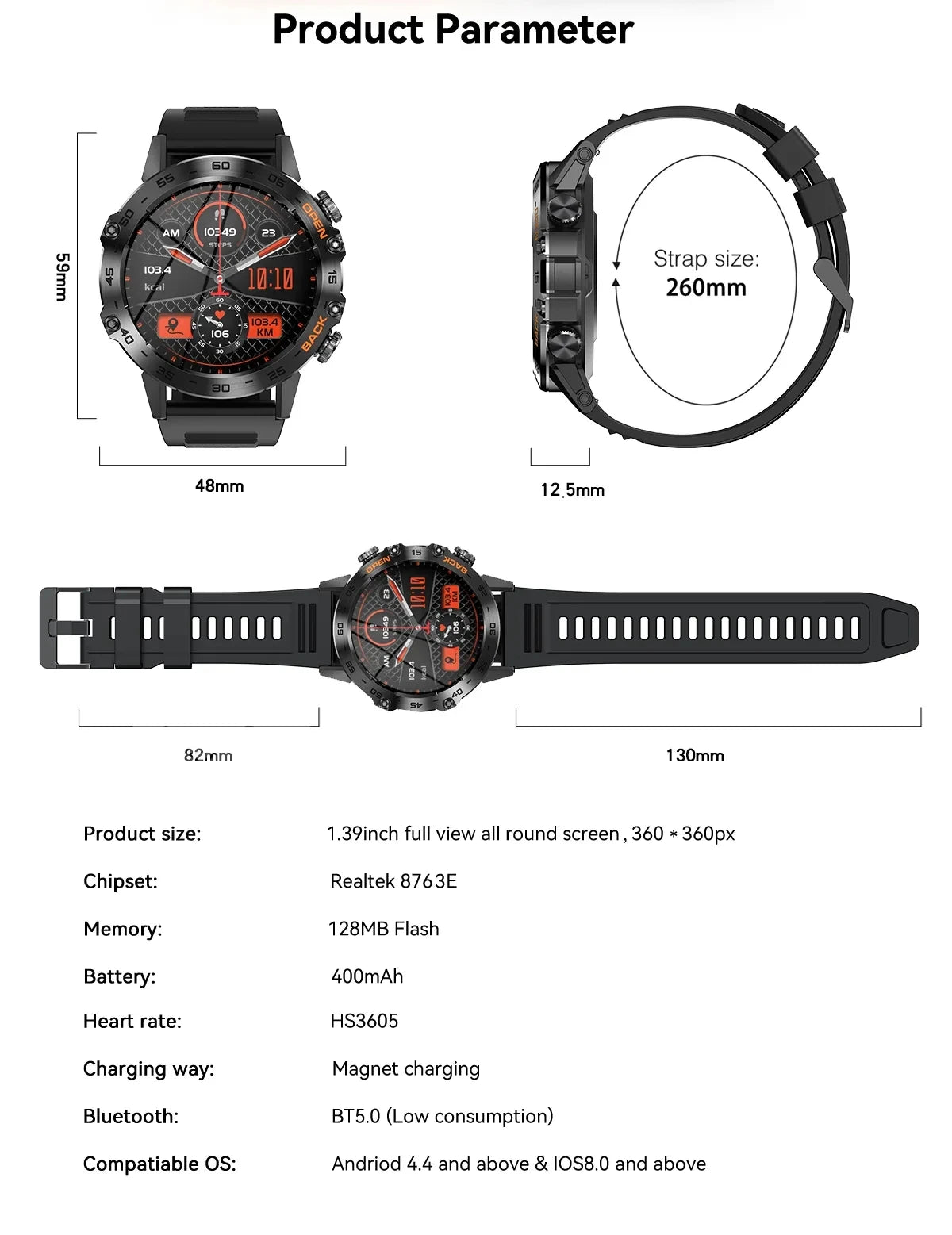 K52 Smart Watch Men 1.39inch IPS Screen Bluetooth Call Custom Dial Heart Rate Health Monitoring Outdoor Sport Smartwatch