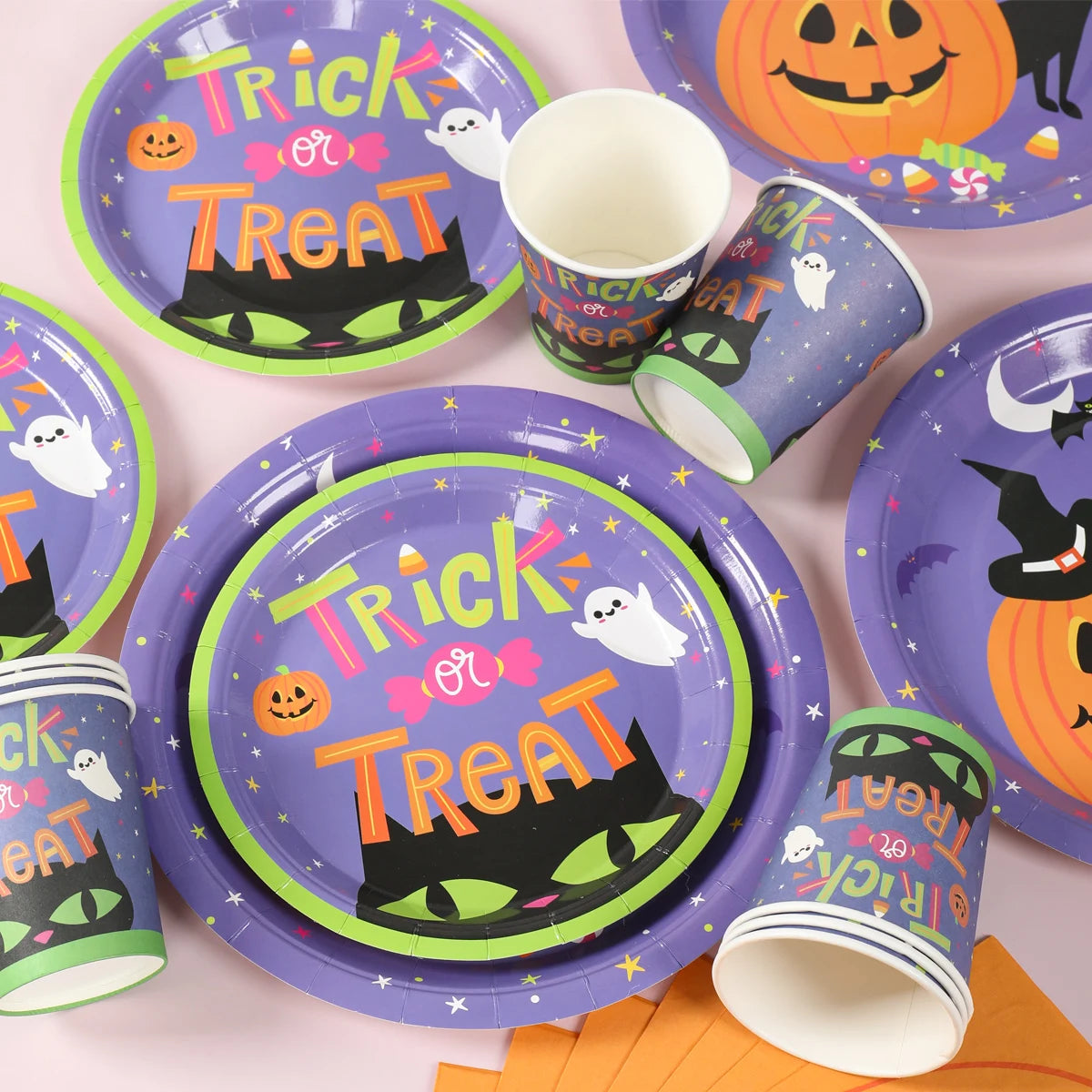 Halloween Pumpkin Black Cat Disposable Tableware Set Halloween Party Decor Kids Favors Trick or Treat Paper Plates Cup Napkins