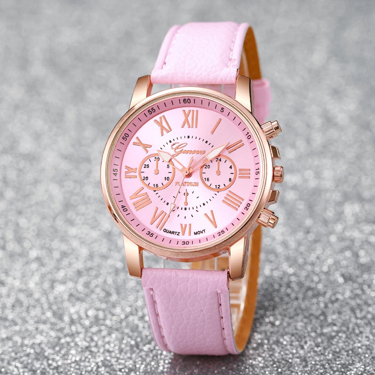 5PCS/Set Fashion Women Watch Rhinestone Heart Jewelry Set Geneva Watch Casual Leather Band Quartz Wristwatch(Without Box)