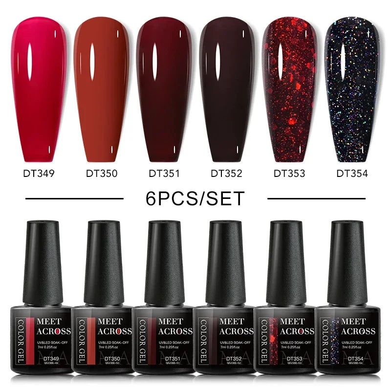 MEET ACROSS 6Pcs Gel Nail Polish Set Pink Red Green Macaron Color Manicure Kit For Nails UV Gel Nail Art Varnish Nail Supplies
