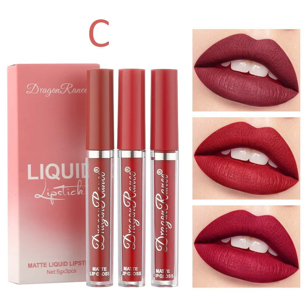 3Pcs/box Liquid Lipstick Set Matte Velvet Lip Gloss Set Waterproof Liquid Lipstick Lip Non Stick Cup Lip Gloss Makeup