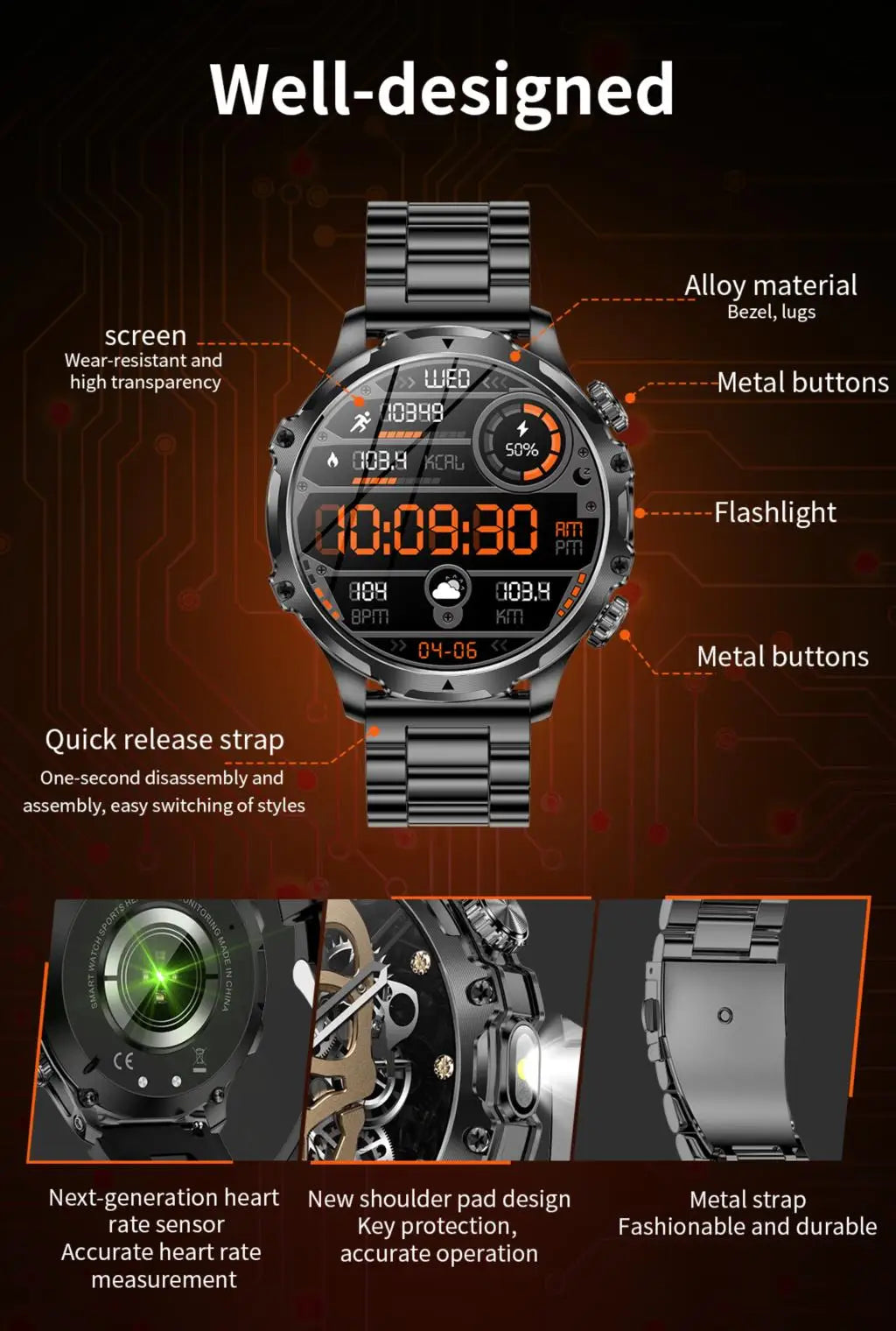 AK75 Smart Watch Flashlight 1.9inch Men Outdoors Sports Fitness Tracker 700mah Large Battery BT Calling LED Light Smartwatch