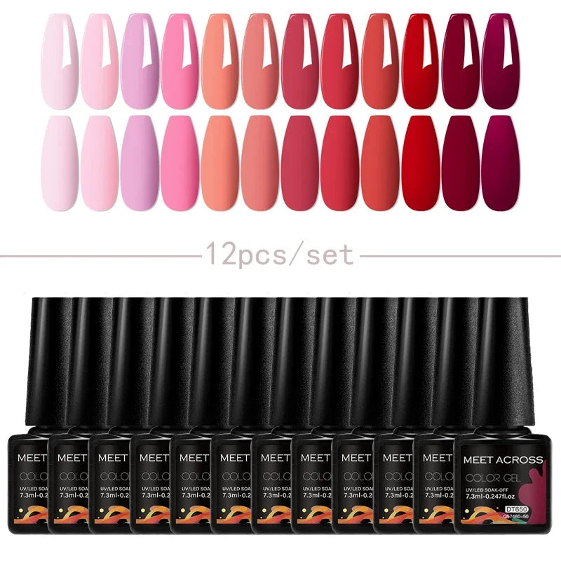 MEET ACROSS 12Pcs Gel Nail Polish Set 7.3ml Pink Blue Neon Macaron Color for Nails UV Gel LED Nail Art Varnish Manicure Kit