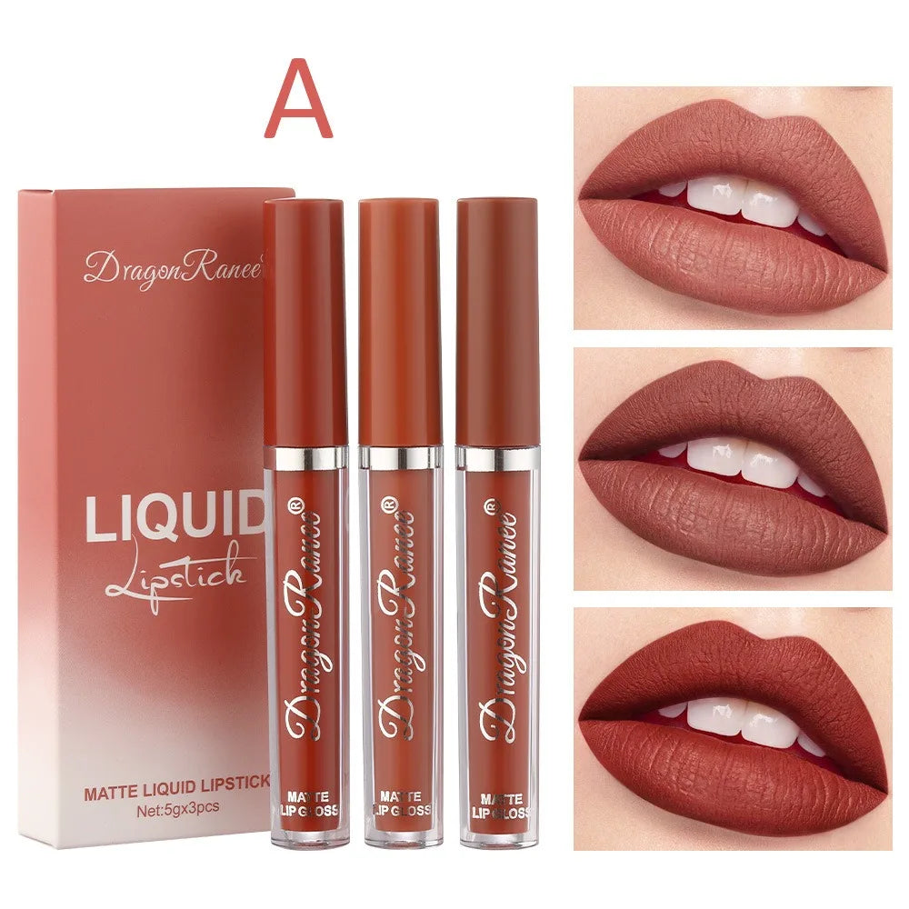 3Pcs/box Liquid Lipstick Set Matte Velvet Lip Gloss Set Waterproof Liquid Lipstick Lip Non Stick Cup Lip Gloss Makeup