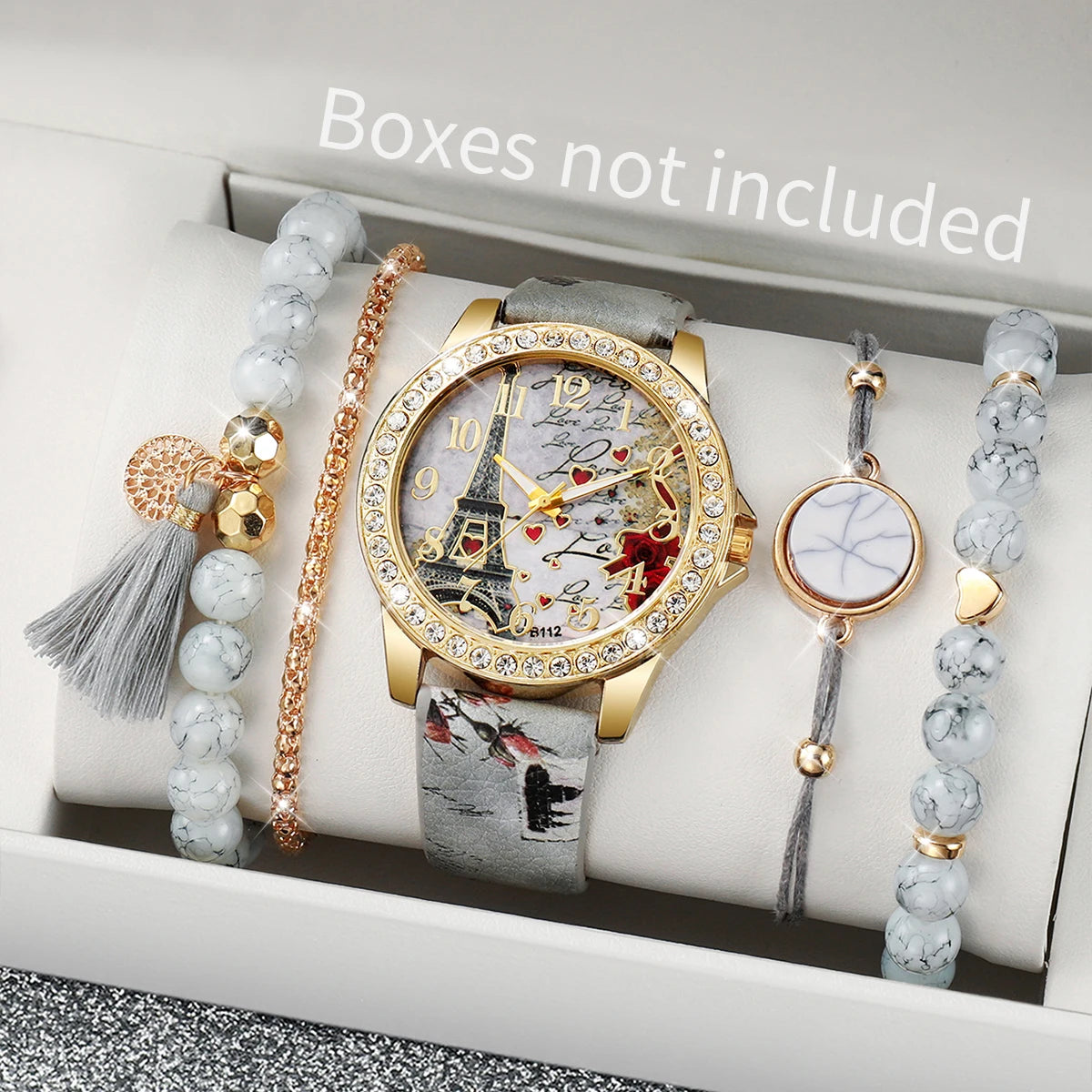 3/4/5PCS Fashion Rhinestone Women's Watch Flowers Printed Leather Band Female Quartz Watches Bracelets Set(Without Box)