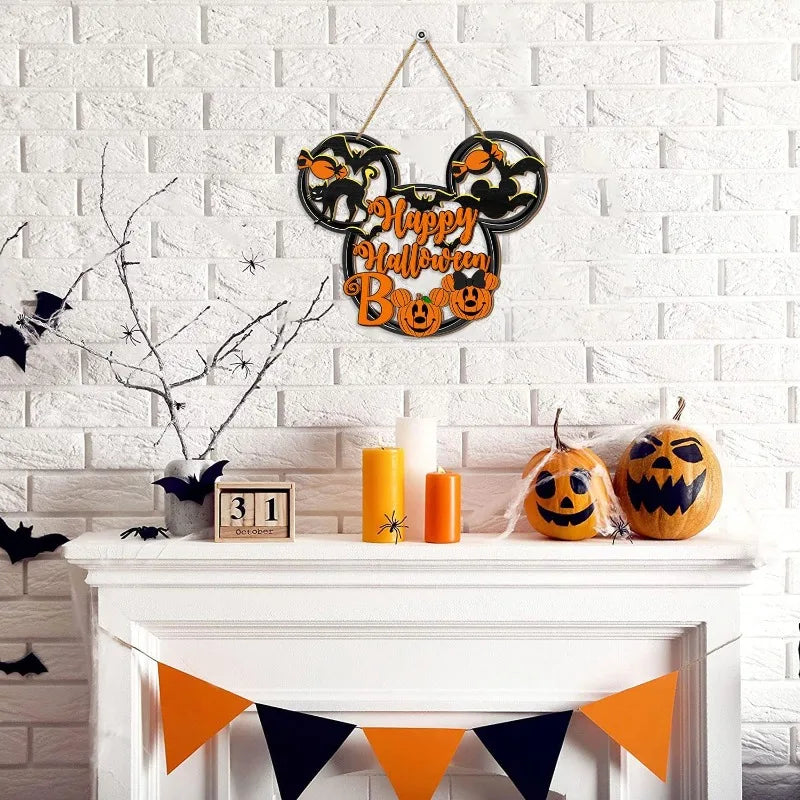 Happy Halloween Mouse Door Sign - Hollow-Out Wooden Decor with Black Cat, Mouse Bat & Pumpkin BOO for Porch or Wall Hanging