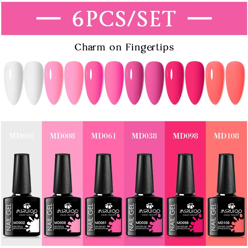 MSRUIOO 6pcs Nude Pink Gel Nail Polish Set Glitter Colorful Semi Permanent UV Gel Kits DIY Nail Art Painting Varnish Manicure