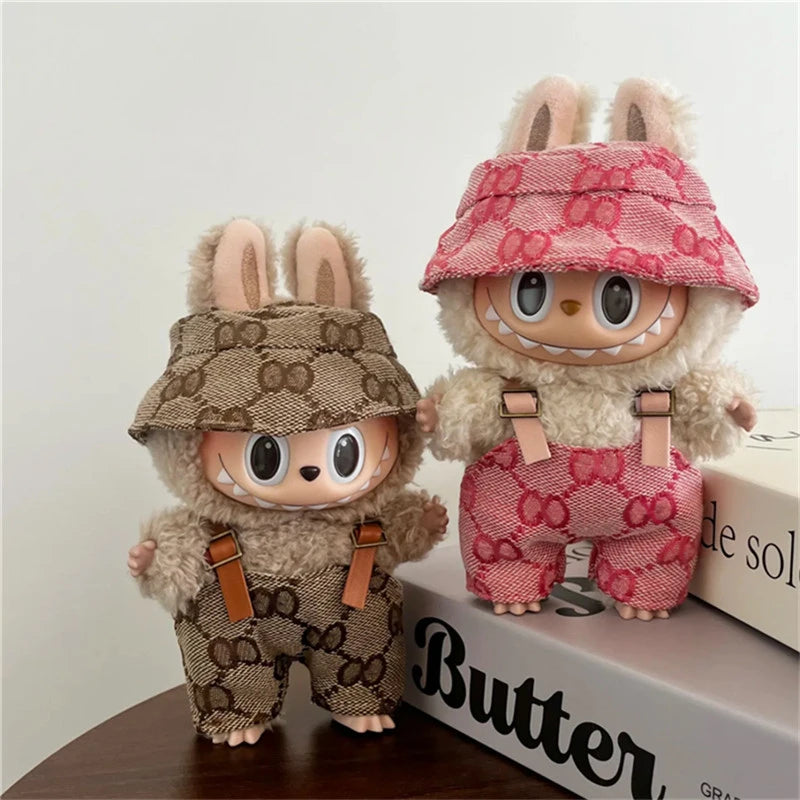 17cm For Labubu Doll Clothing Skirt Bowhair Accessory Set Retro Bib Pants Clothes Luxury Messenger Bag Shoes Set Sitting Party