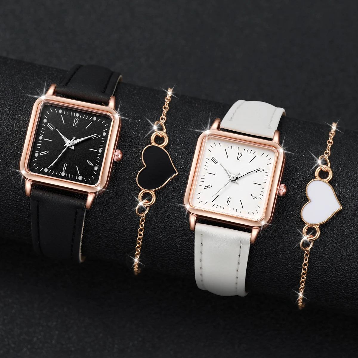 2/4PCS Fashion Square Women's Watch Leather Band Quartz Watches Heart Bracelet Set(Without Box)