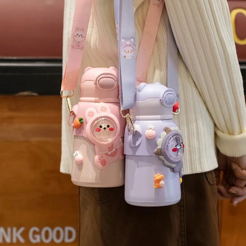 400/500ML Kids Water Bottle Cartoon Dinosaur Thermos Mug Baby Duck Billed Straw 316 Stainless Steel Vacuum Flasks Thermos Bottle