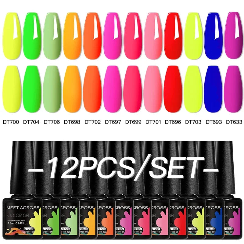 MEET ACROSS 12Pcs Gel Nail Polish Set 7.3ml Pink Blue Neon Macaron Color for Nails UV Gel LED Nail Art Varnish Manicure Kit