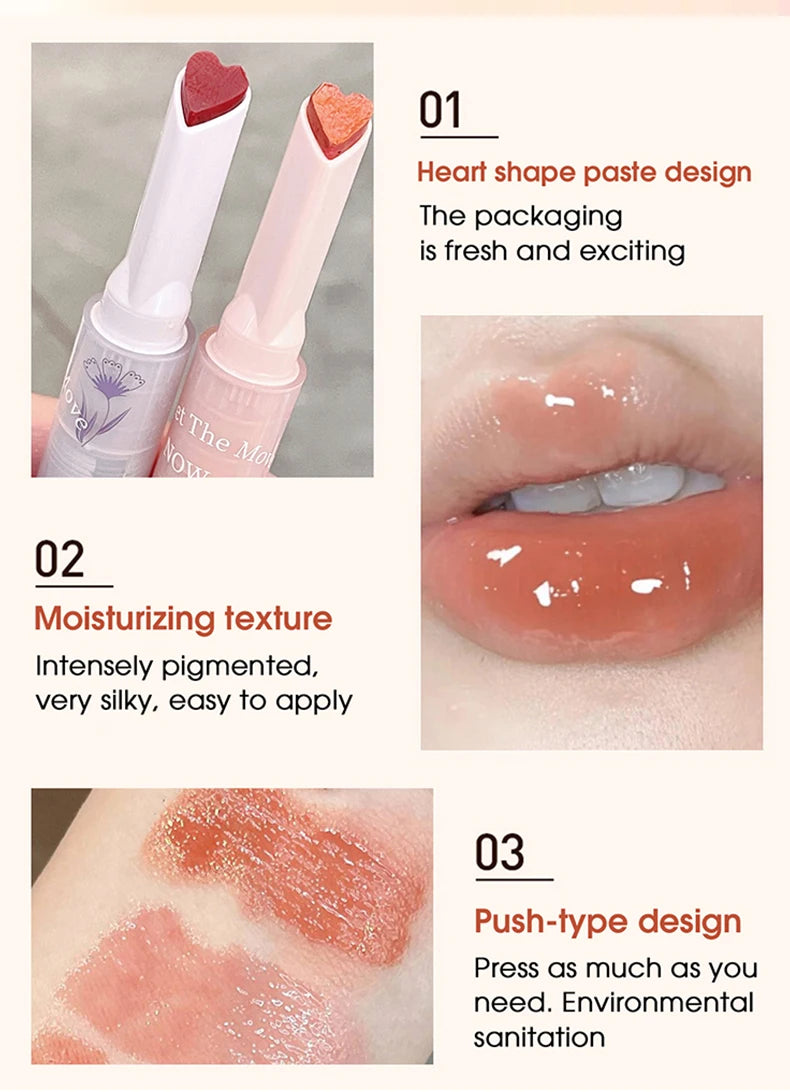 Gege Bear Floral Whisper Moisturizing Mirror Shine Lipstick — Glossy Jelly Finish, Heart-Shaped Bullet, Hydrating Lip Balm