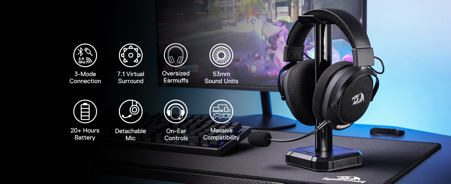 Redragon H858 3-Mode Wireless Gaming Headset 7.1 Surround Sound 53 mm Drivers Noise-canceling Microphone Over-Ear Headphones