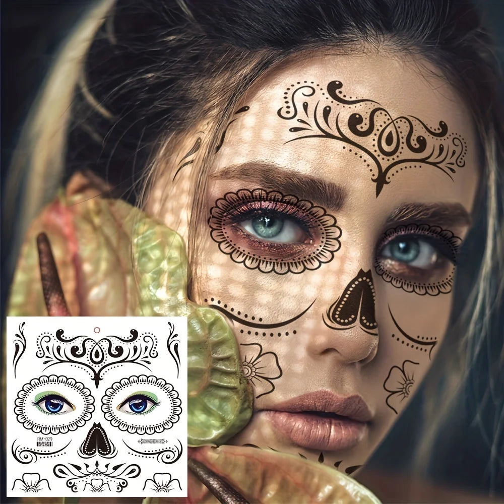 Halloween Temporary Tattoos Sticker Day Of The Dead La Catrina Face Tattoos Skull Waterproof Tattoos Sticker Party Makeup Decals