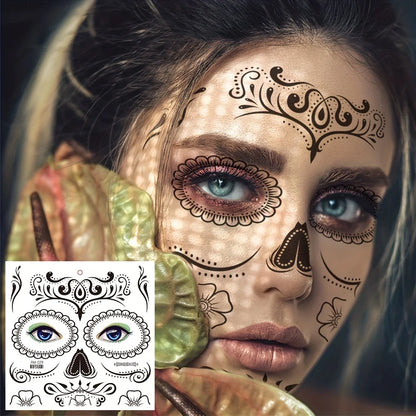 Halloween Temporary Tattoos Sticker Day Of The Dead La Catrina Face Tattoos Skull Waterproof Tattoos Sticker Party Makeup Decals