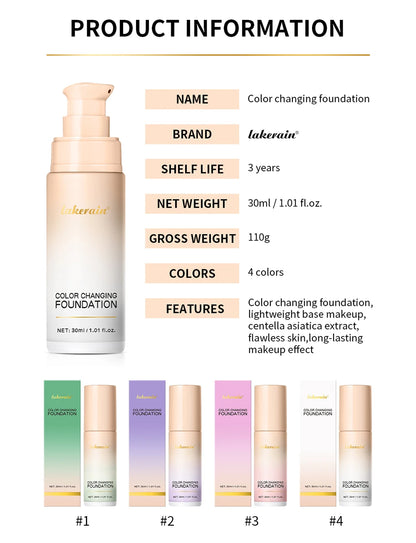 Color Changing Foundation 4 in 1 Moisturizing SPF 30+ Hydrating Color Longwearing Waterproof Travel Coverage Makeup Base
