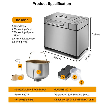 Biolomix 1KG 19-in-1 Stainless Steel Automatic Bread Maker 650W Programmable with Fruit Nut Dispenser Kitchen Appliance