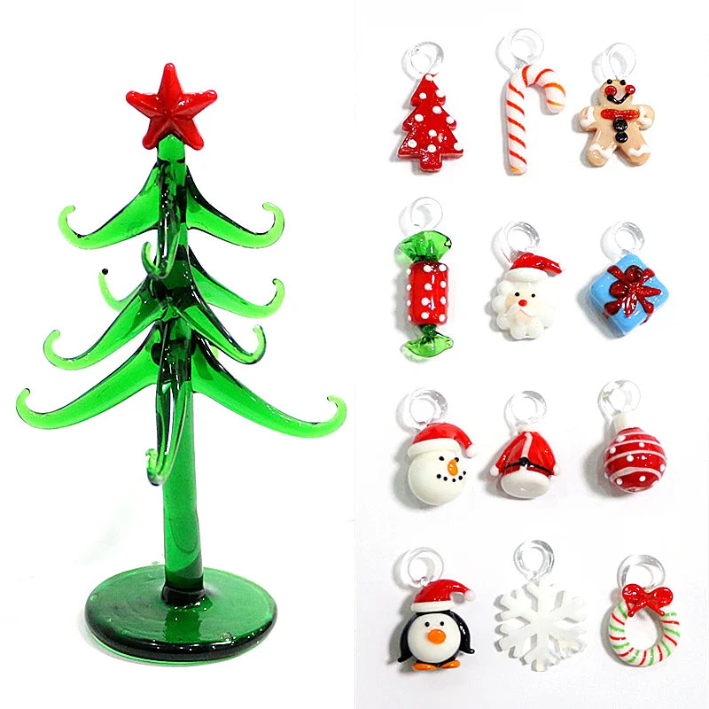 Custom Handmade Glass Christmas Tree Craft Figurines Ornaments Creative Xmas Decoration With 12pcs Cute Mini Pendant Accessories