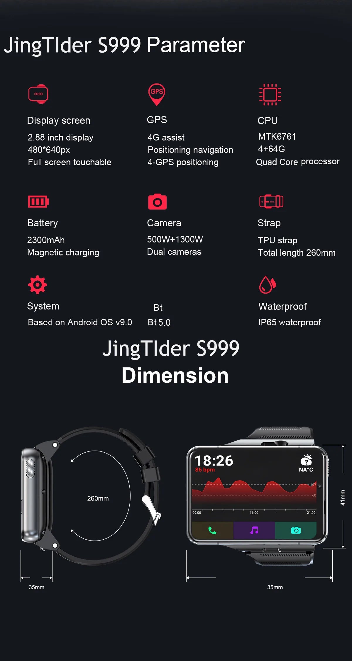 2025New 4G Sports SmartWatch S999 2.88 Inch Quad Core Android 9.0 OS Smartwatch 2300 MAh 13MP Camera 4GB/64GB Heart Rate Monitor