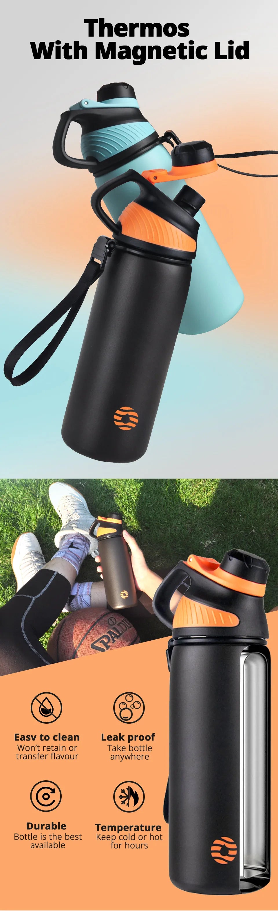 FEIJIAN Thermo bottle With Magnetic Lid Outdoor Sport Stainless Steel Water Bottle Keep Cold Insulated Vacuum Flask 1000ml