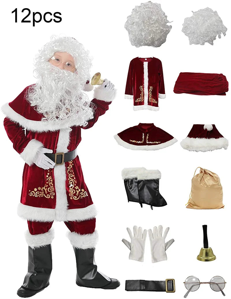 Man Santa Claus Suit Adult Christmas Cosplay Costume Red Deluxe Velvet Fancy 8pcs Set Xmas Party Family Costume Outfits